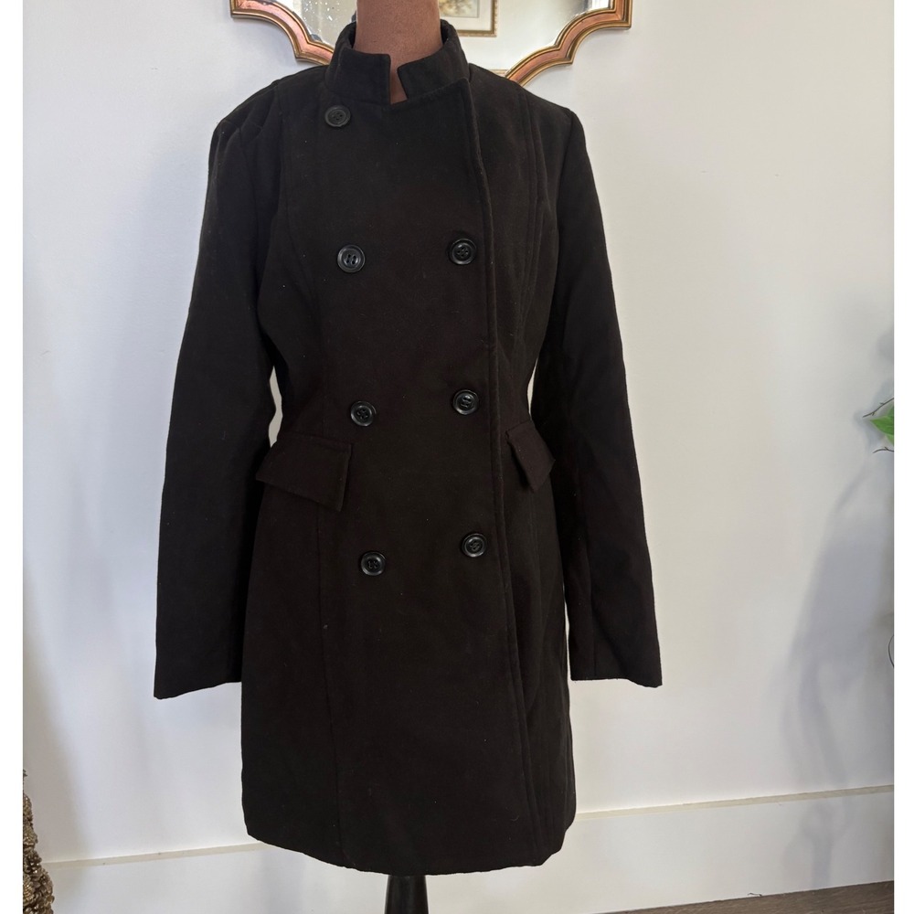 Womens Black‎ Pea Coat Double Breasted Jacket Stand Collar Winter Outerwear